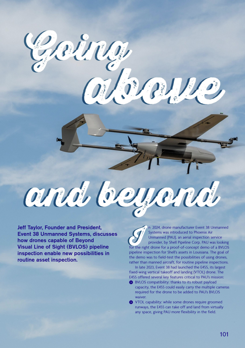 Event 38's E455 drone featured in World Pipelines magazine, August 2025